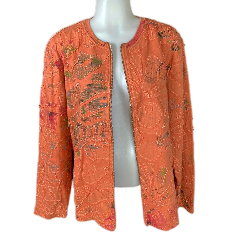 Chico's Peach Patchwork Stitched Zip Up Cardigan - image 7